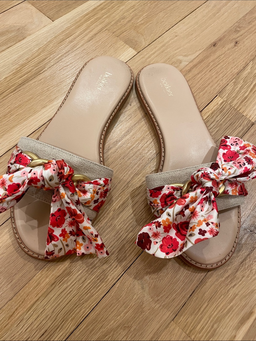 Floral Bow Slide Sandals - Cream & Red